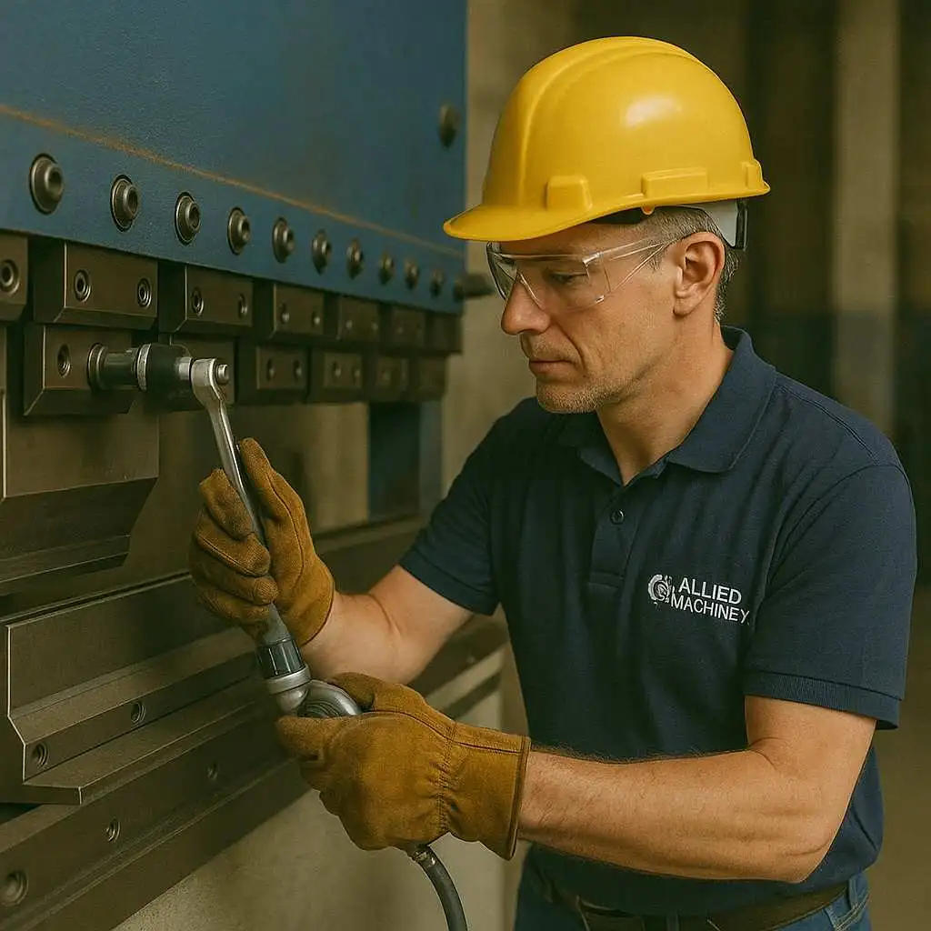 Allied MachineX press brake repair services in Elkhart, IN providing hydraulic restoration, ram alignment correction, and forming accuracy improvements — call +1 844-763-1748.