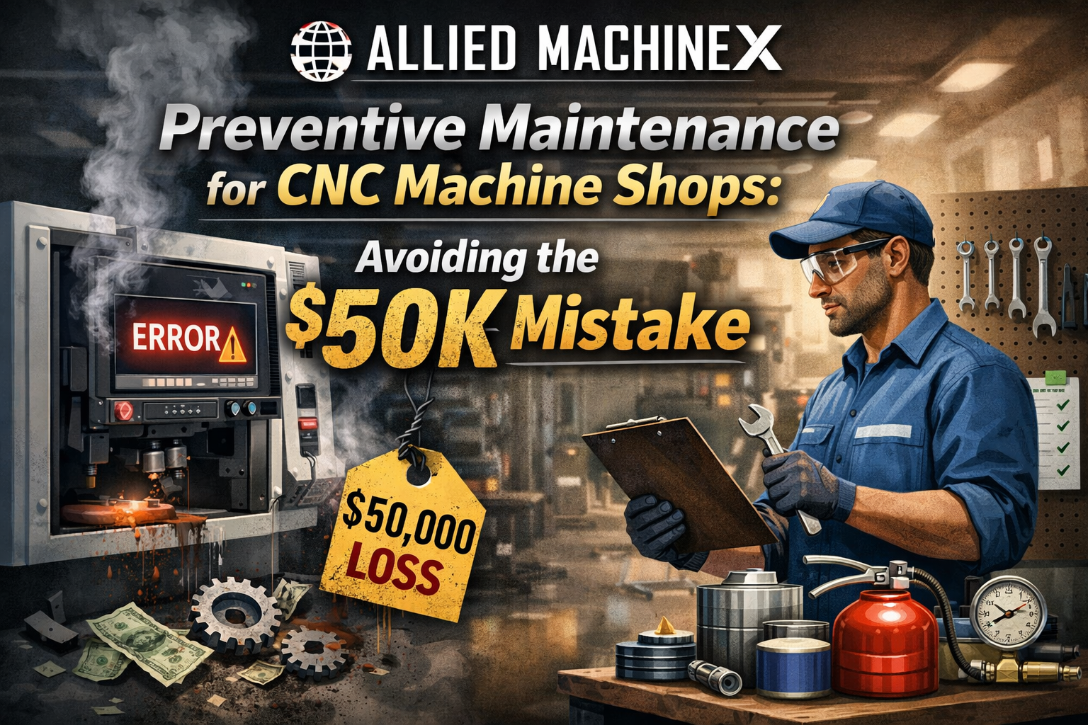 Allied MachineX technician performing preventive maintenance on a CNC machine to help Indiana machine shops avoid costly repairs.