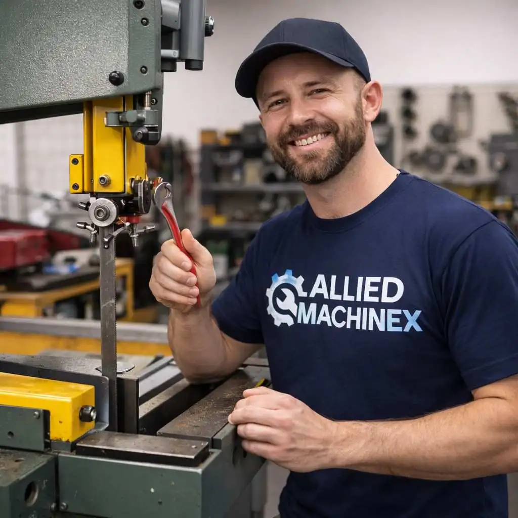Professional band saw machine repair technician servicing an industrial band saw inside a fully equipped workshop, wearing an Allied Machinex branded T-shirt while adjusting band saw components with a wrench, representing precision maintenance, machine repair expertise, and industrial cutting equipment servicing.
