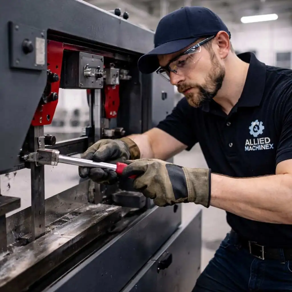 Professional band saw repair technician performing precision maintenance and blade tension adjustment on an industrial horizontal band saw using proper tools in a manufacturing workshop
