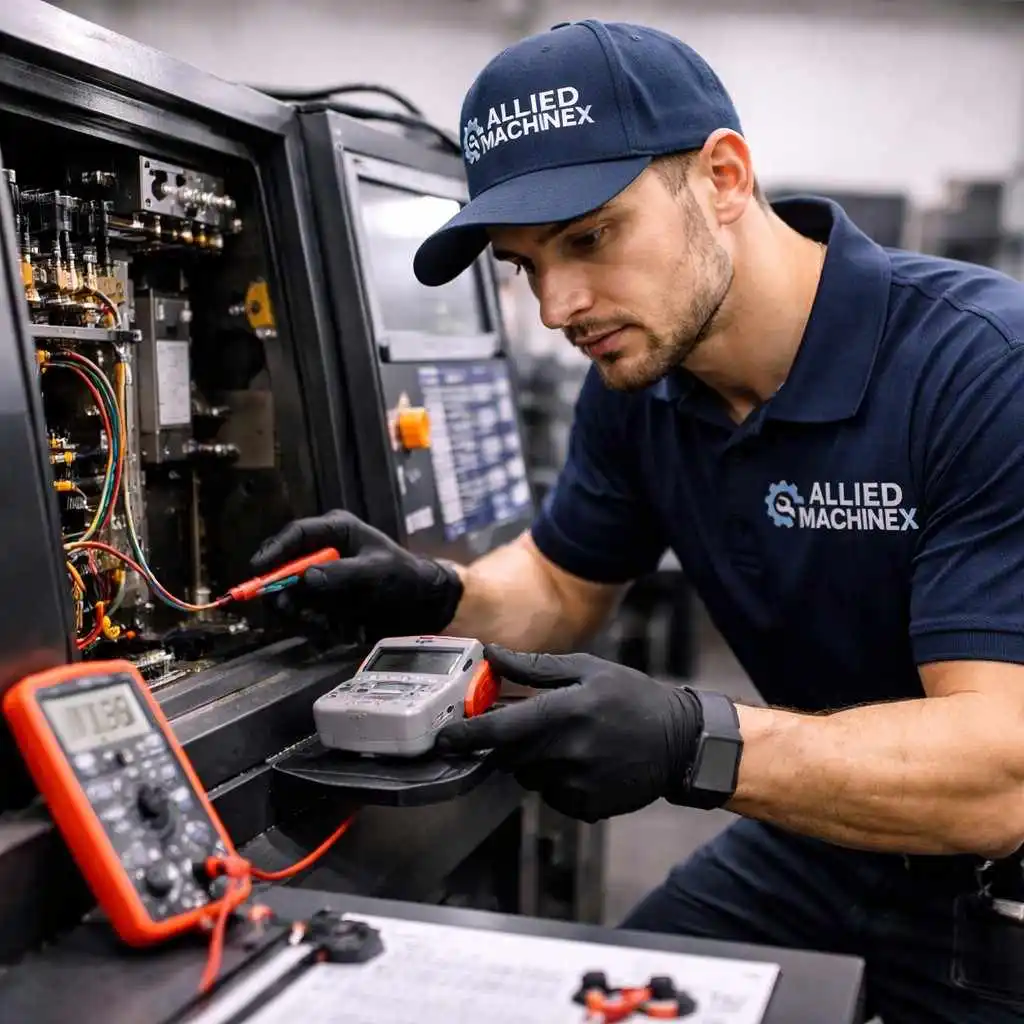 Allied Machinex CNC machine repair technician diagnosing electrical components inside an industrial CNC machine using professional testing equipment.