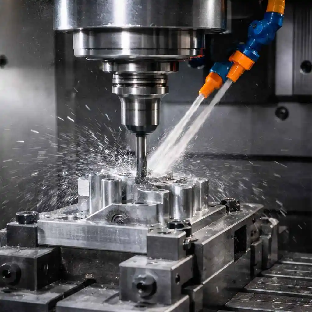 High-precision CNC milling machine cutting an aluminum metal component with a rotating end mill and coolant spray, advanced computer numerical control machining process inside an industrial manufacturing facility, precision metal fabrication and automated machining technology in action.