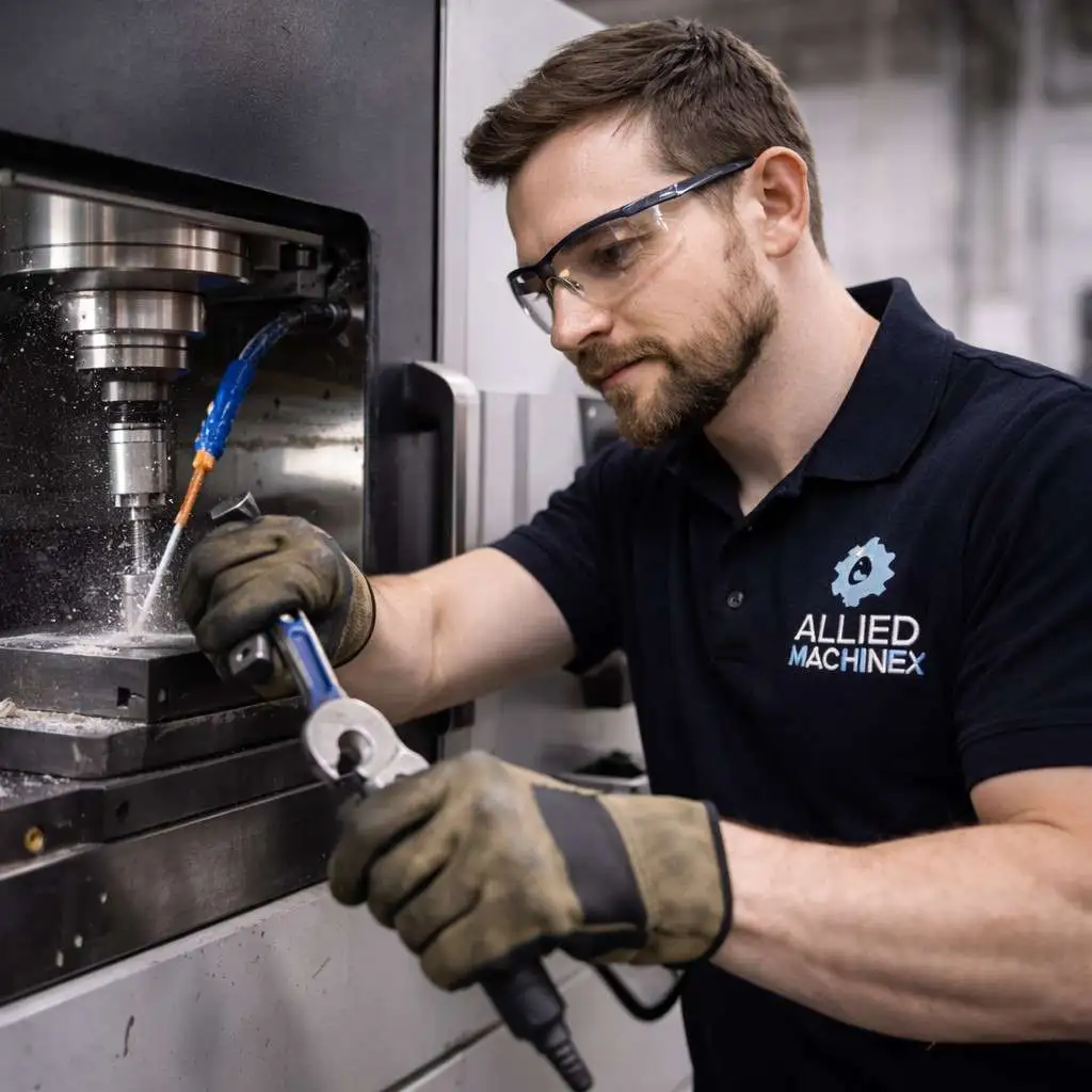 Skilled CNC machine repair technician performing spindle and mechanical maintenance using proper hand tools while servicing an industrial CNC machine in a manufacturing facility