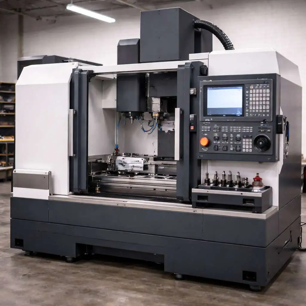 Industrial CNC milling machine installed inside a modern factory workshop, featuring a fully enclosed machining area, precision spindle, tool holders, and an advanced CNC control panel, representing automated manufacturing, high-accuracy machining, and industrial production technology.
