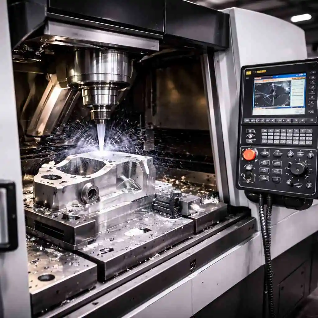 High-precision CNC milling machine cutting an aluminum workpiece with coolant spray inside a modern industrial manufacturing facility.