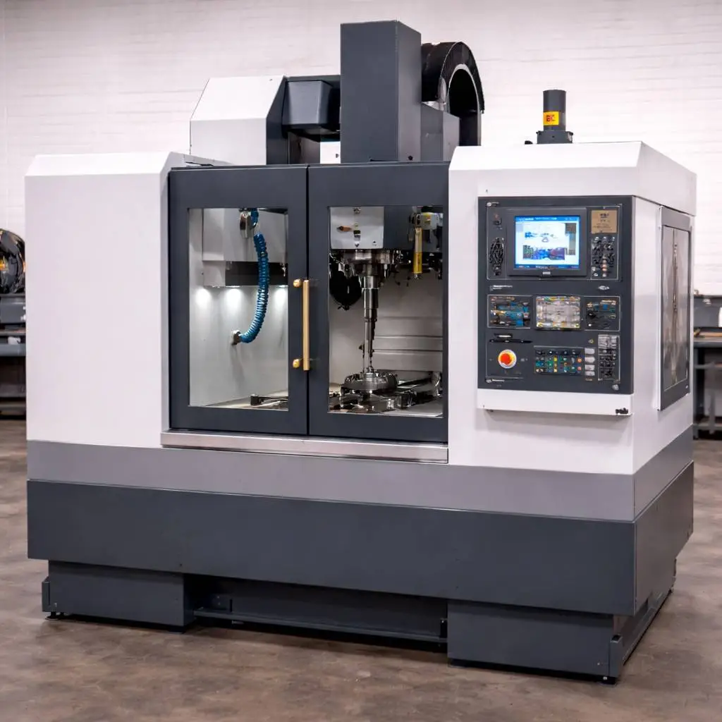 Industrial CNC machining center installed inside a modern factory workshop, featuring an enclosed cutting area, high-precision spindle, automatic tool system, and advanced CNC control panel, representing automated manufacturing, precision machining, and industrial production technology.