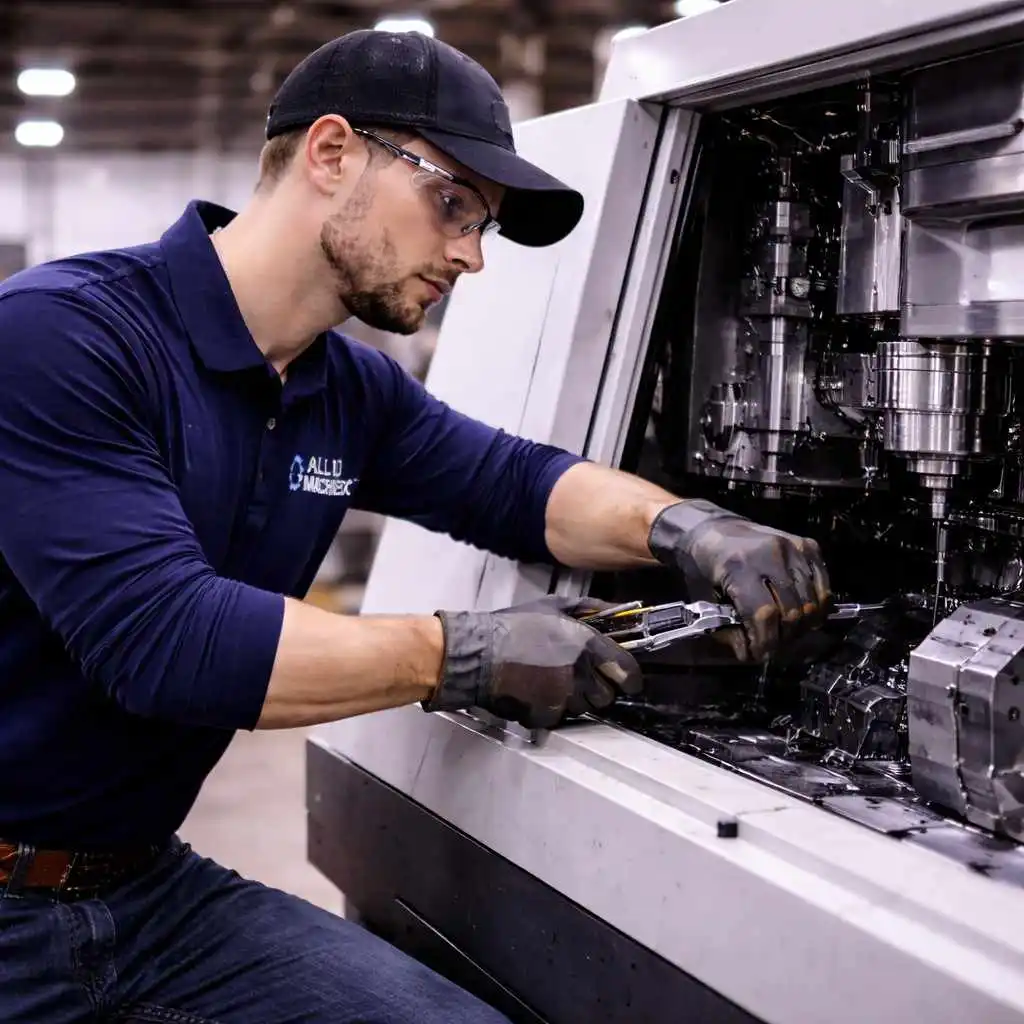 CNC machine repair technician positioned on the left side of the frame adjusting internal CNC machine components using professional hand tools inside an industrial workshop.