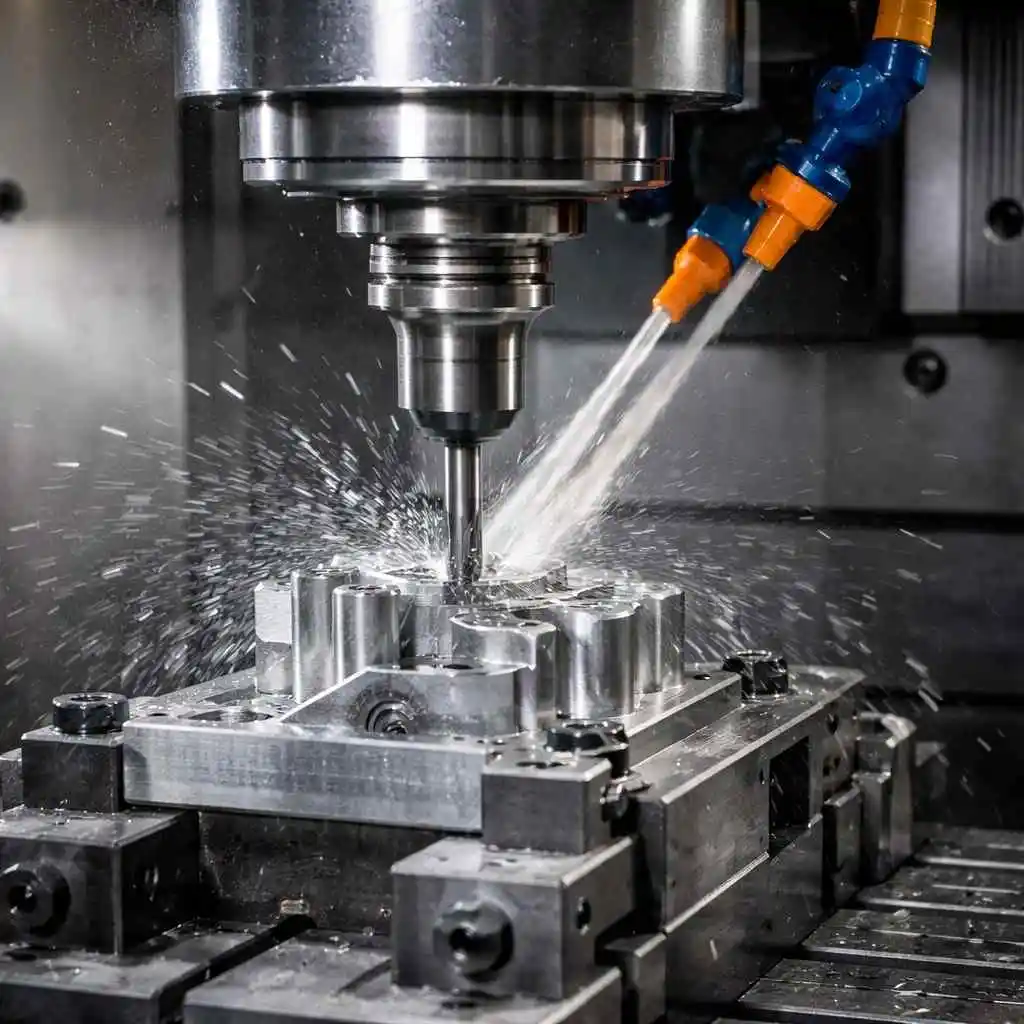 High-precision CNC milling machine cutting an aluminum metal component using a rotating end mill with coolant spray, advanced computer numerical control machining process inside an industrial manufacturing facility, automated precision engineering and metal fabrication technology in action.
