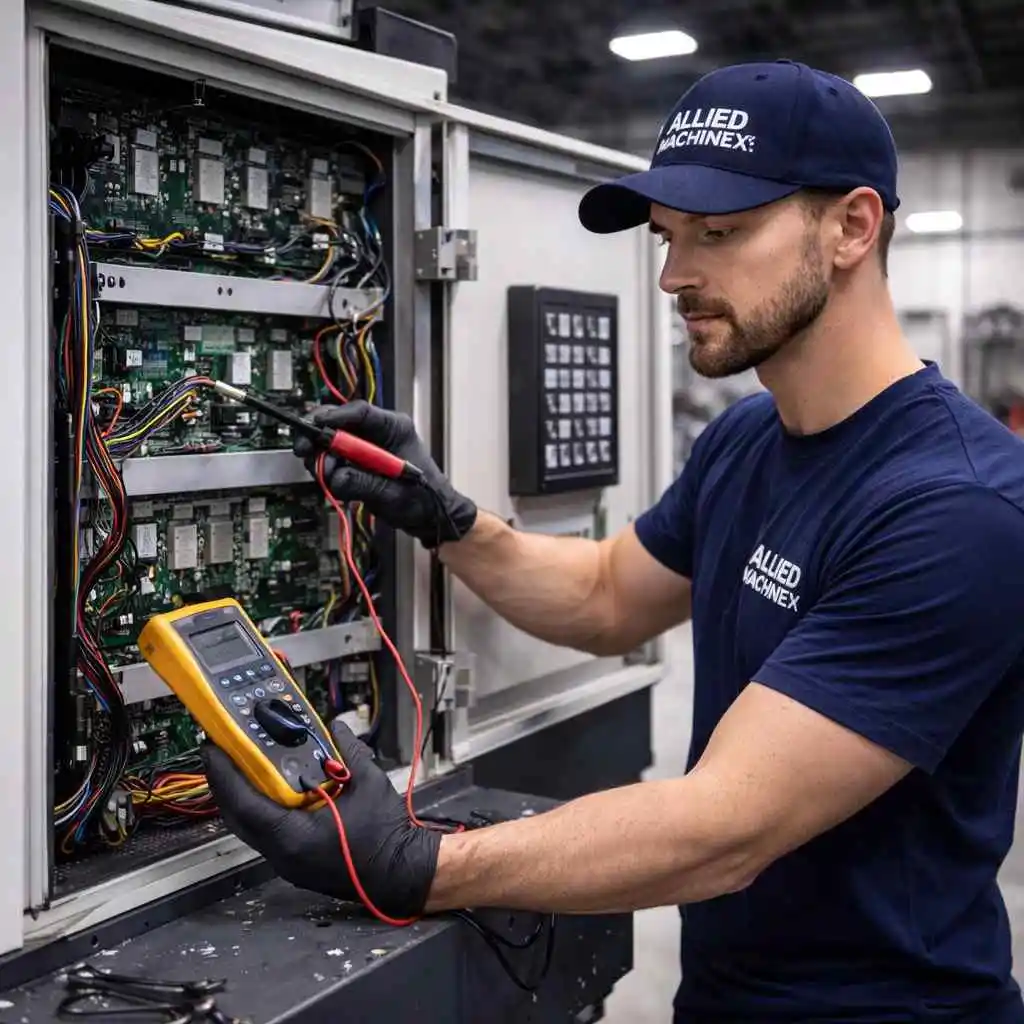 Professional CNC machine repair technician working on an industrial CNC machine electrical control panel inside a modern factory workshop, wearing an Allied Machinex branded blue T-shirt and using a digital multimeter to diagnose wiring, circuit boards, and internal components for precision machine repair and maintenance.
