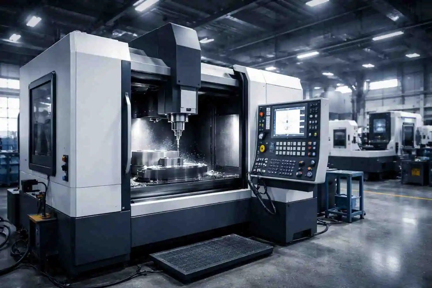 Modern CNC milling machine operating inside an industrial factory workshop with precision metal cutting.
