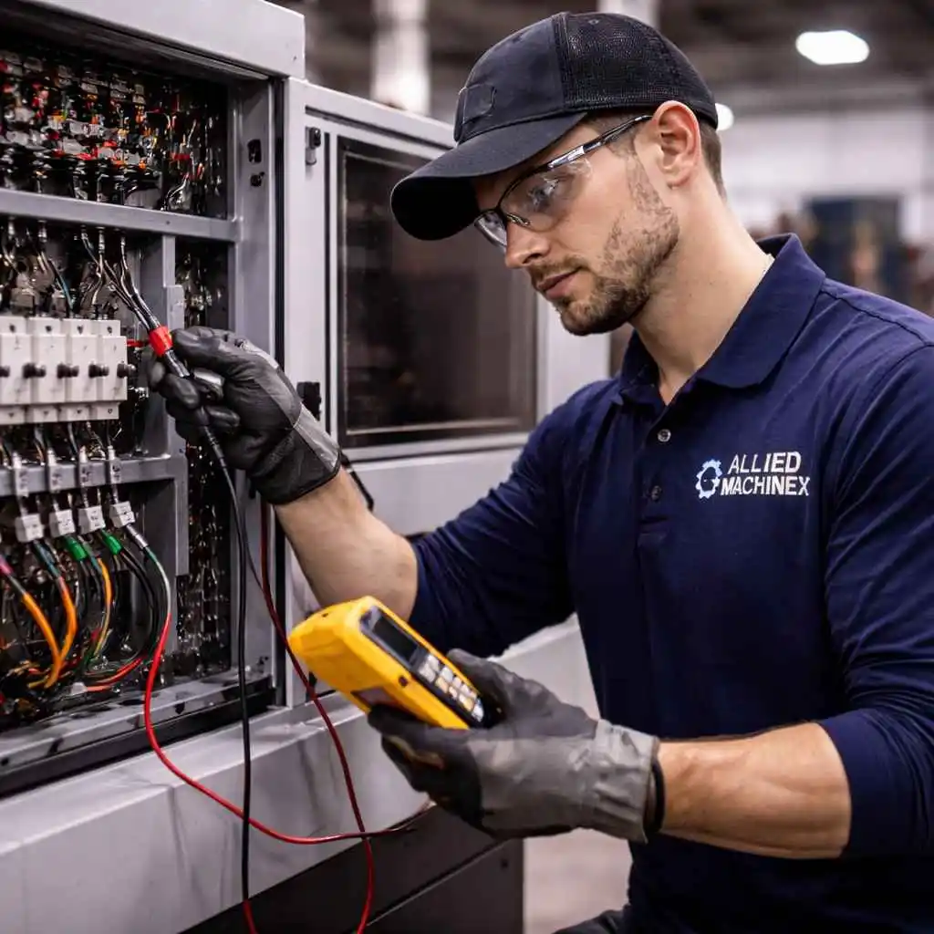 Professional CNC machine repair technician diagnosing electrical components inside a CNC control panel using a digital multimeter in an industrial workshop.