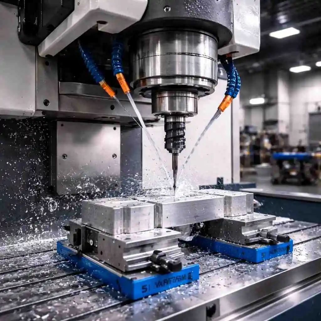 High-precision CNC milling machine actively machining an aluminum workpiece inside a modern industrial workshop, featuring a rotating spindle, precision cutting tool, coolant spray system, metal fixtures, and stable workholding setup, representing advanced CNC machining, automated manufacturing, and industrial production technology.