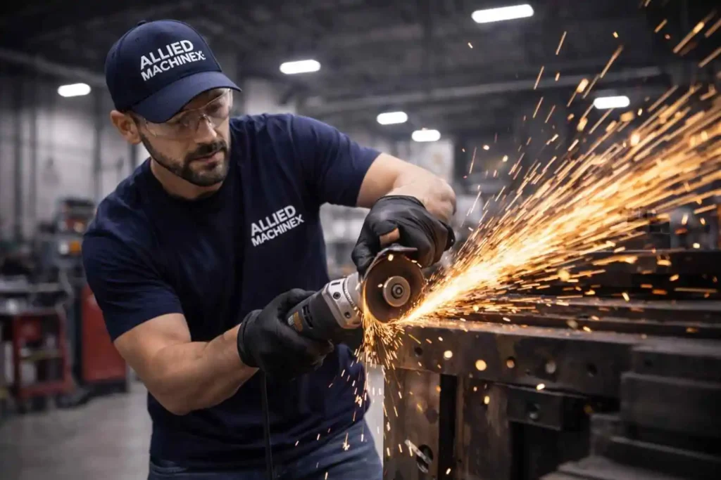 Professional industrial technician cutting metal with an angle grinder inside a factory workshop, wearing an Allied Machinex branded blue T-shirt and safety gloves while bright fire sparks fly during metal cutting, representing industrial fabrication, precision cutting, and machine repair expertise.