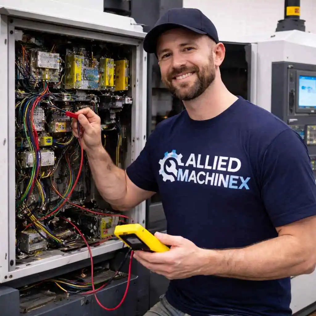Professional CNC machine repair technician inspecting and repairing an industrial CNC machine control panel inside a modern factory workshop, using a digital multimeter to test electrical components, wiring, and circuits, representing precision diagnostics, machine maintenance, and industrial repair services.