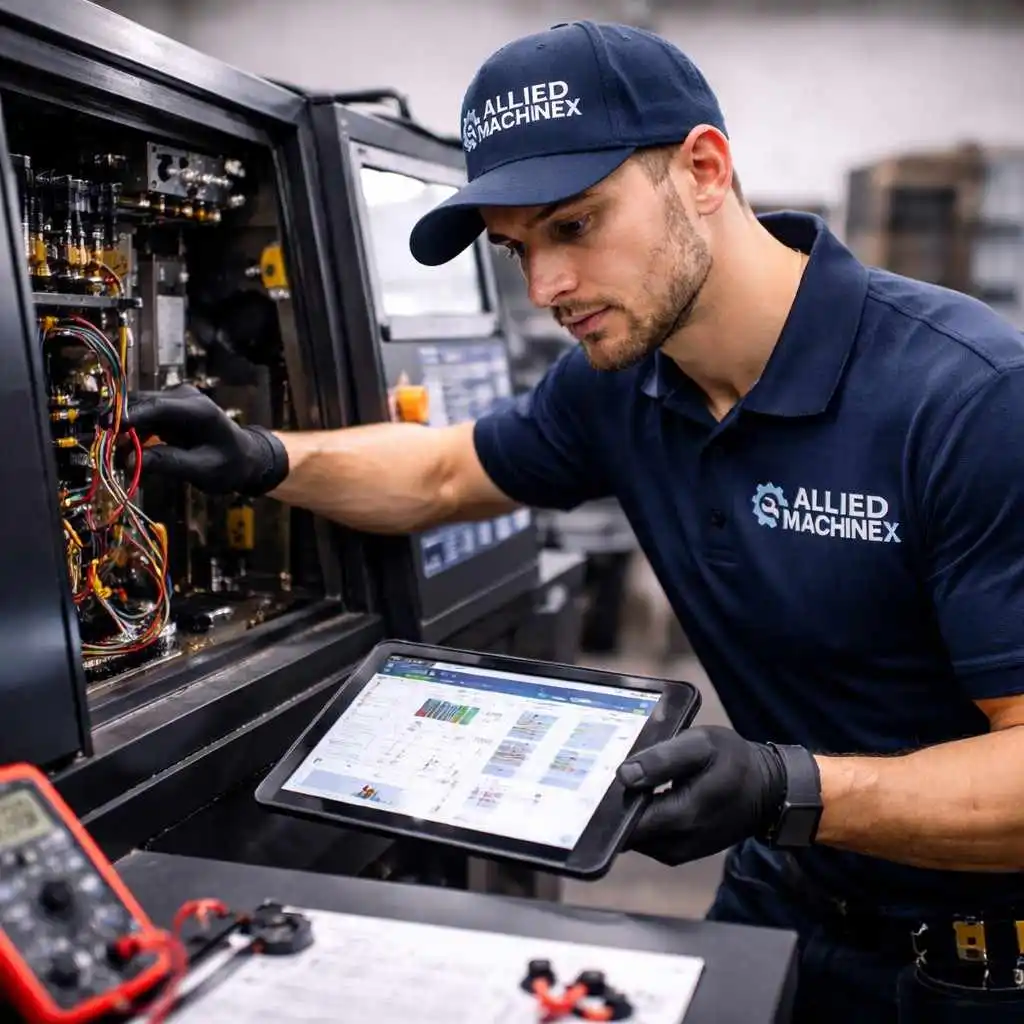 Allied Machinex CNC machine repair technician inspecting internal wiring and control components using a diagnostic tablet inside an industrial workshop.