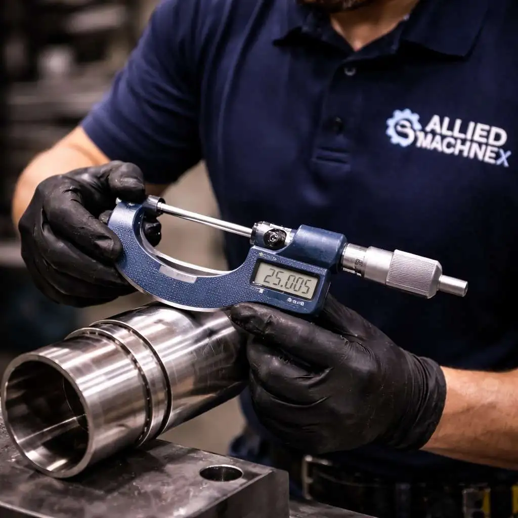 Allied Machinex technician measuring a precision-machined metal component using a digital micrometer in an industrial workshop.
