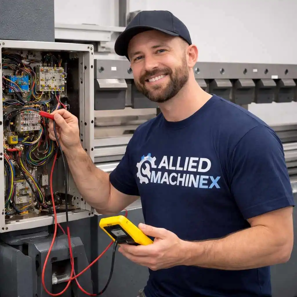 Professional press brake repair technician inspecting and repairing an industrial press brake machine inside a modern workshop, wearing an Allied Machinex branded T-shirt while testing electrical components with a multimeter, representing precision engineering, machine maintenance, and industrial repair services.