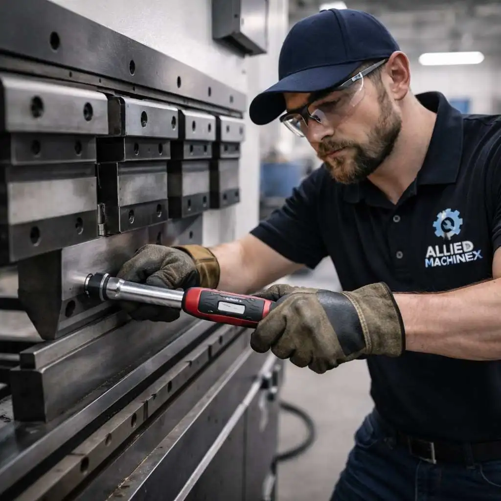 Experienced technician performing press brake service using a calibrated torque wrench while adjusting tooling and dies on an industrial metal bending machine in a professional workshop