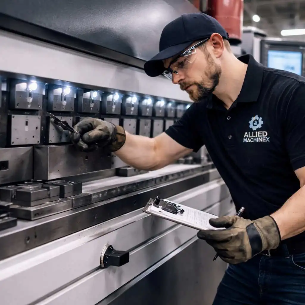 Professional press brake service technician inspecting and adjusting press brake tooling and alignment while performing maintenance on an industrial metal bending machine in a fabrication workshop
