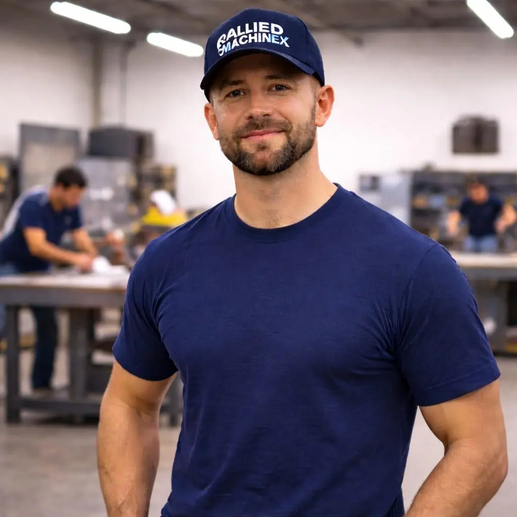 Professional industrial technician standing confidently and looking straight at the camera inside a factory workshop, wearing a navy blue cap with a fully white Allied Machinex logo, while background workers perform cutting and welding operations, representing industrial manufacturing, skilled workforce, and factory operations.