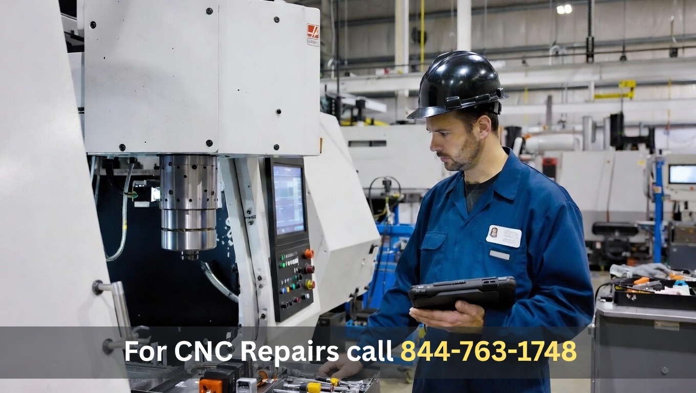 CNC machine repair technician diagnosing Haas machining center in Illinois manufacturing facility