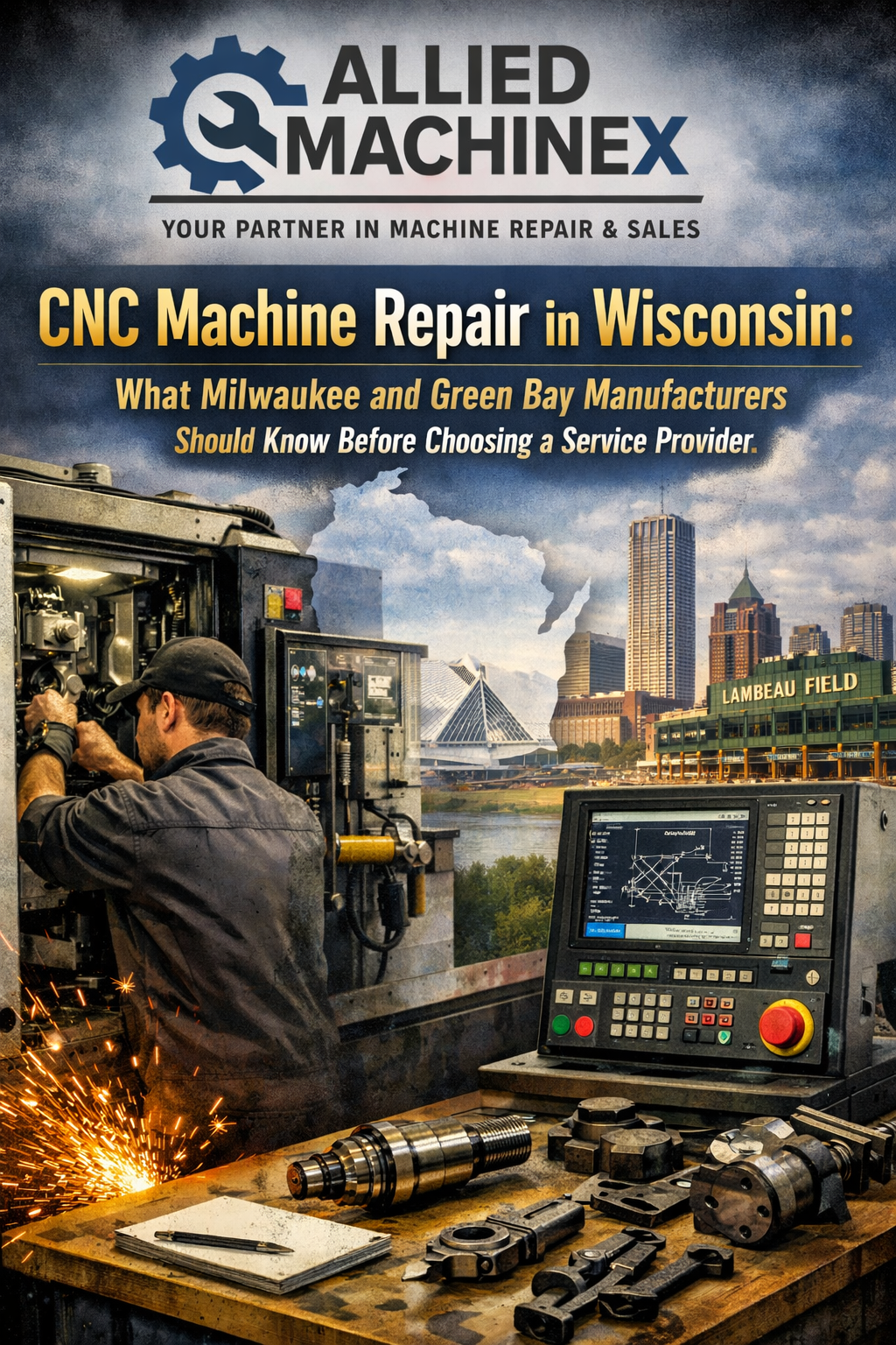 CNC machine operator working in Wisconsin manufacturing facility with Milwaukee skyline and machined parts on workbench