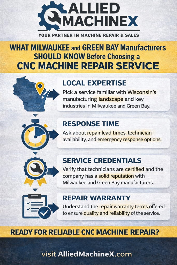 Allied MachineX infographic showing what Milwaukee and Green Bay manufacturers should know before choosing a CNC machine repair service: local expertise, response time, service credentials, and repair warranty.
