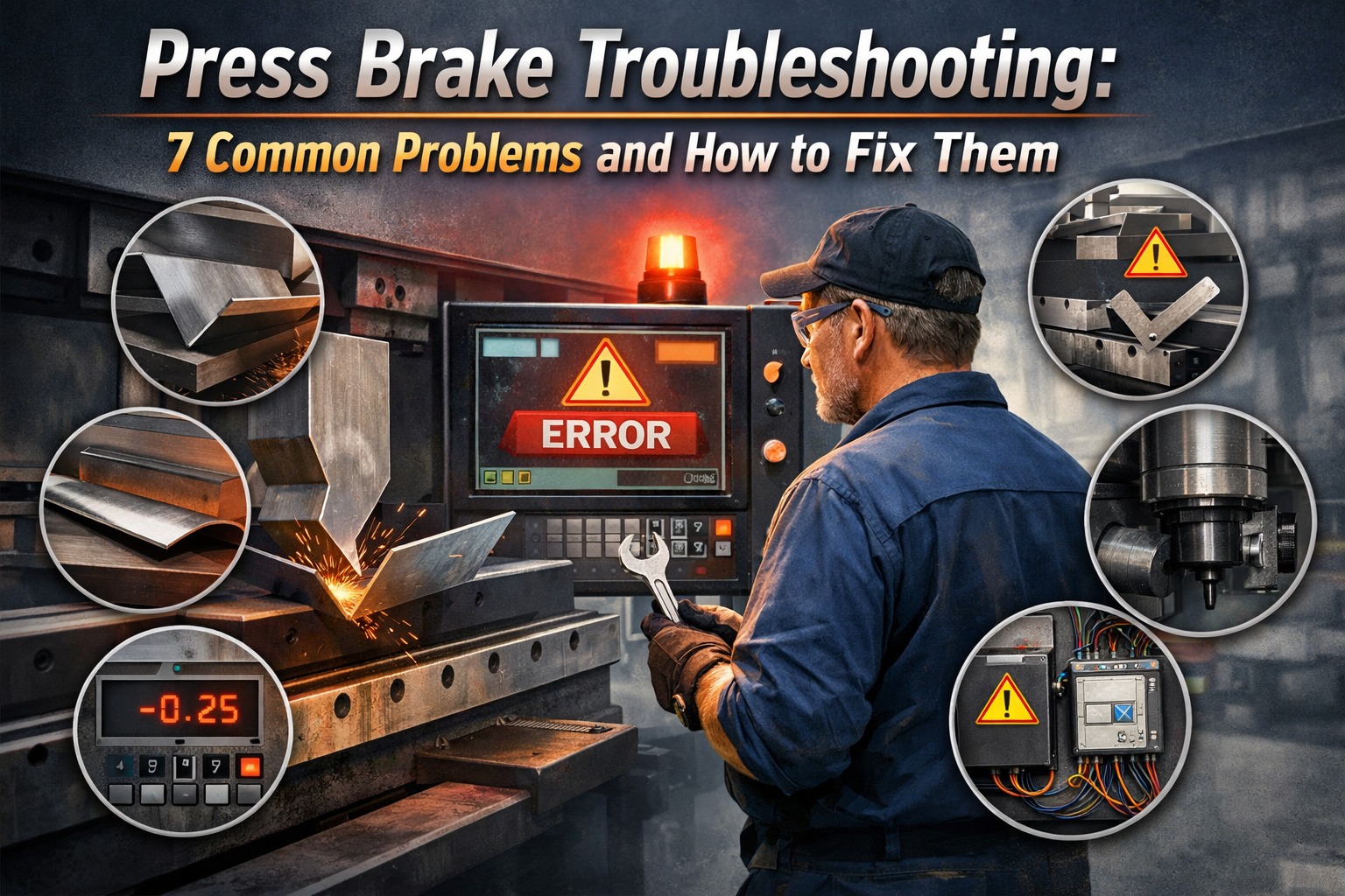 Industrial press brake machine in metal fabrication shop showing hydraulic cylinders and back gauge system