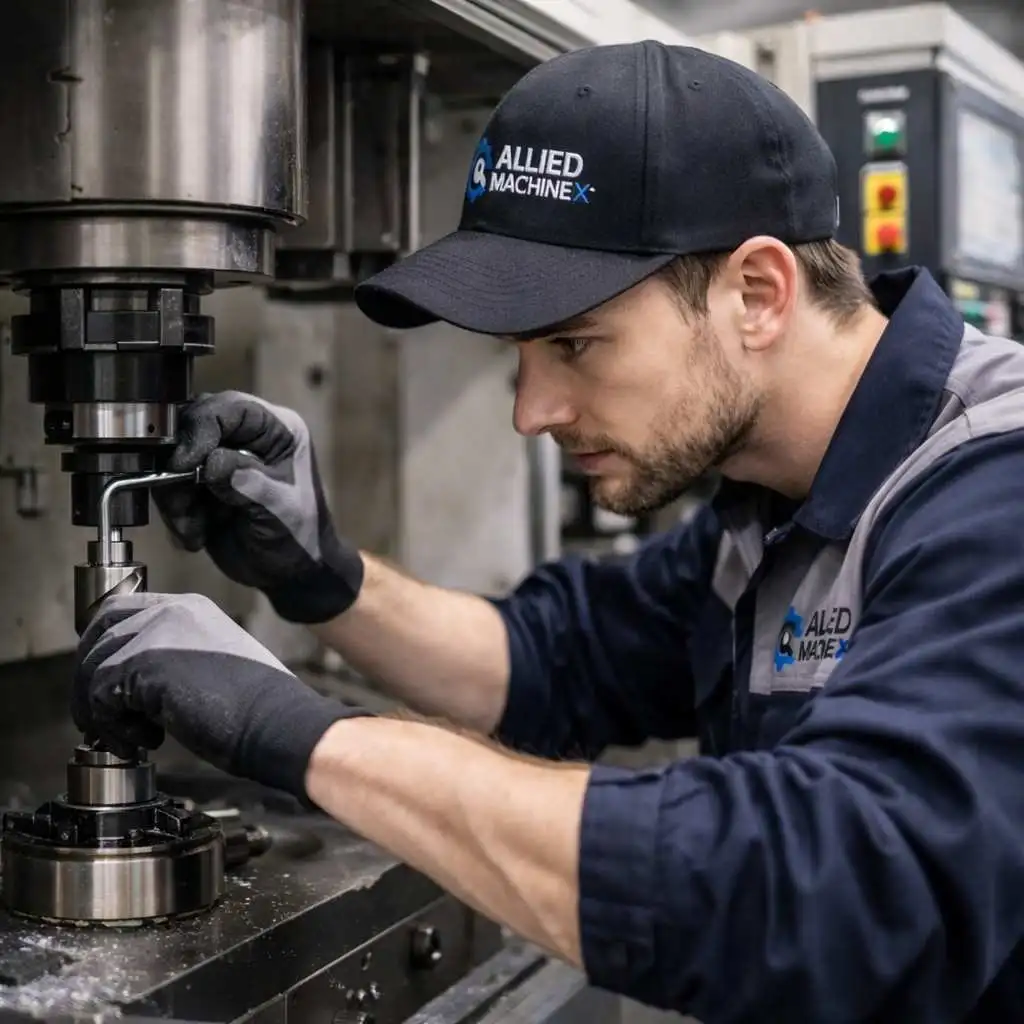 CNC machine repair technician adjusting spindle tooling inside a vertical milling machine while performing maintenance in an industrial manufacturing workshop.