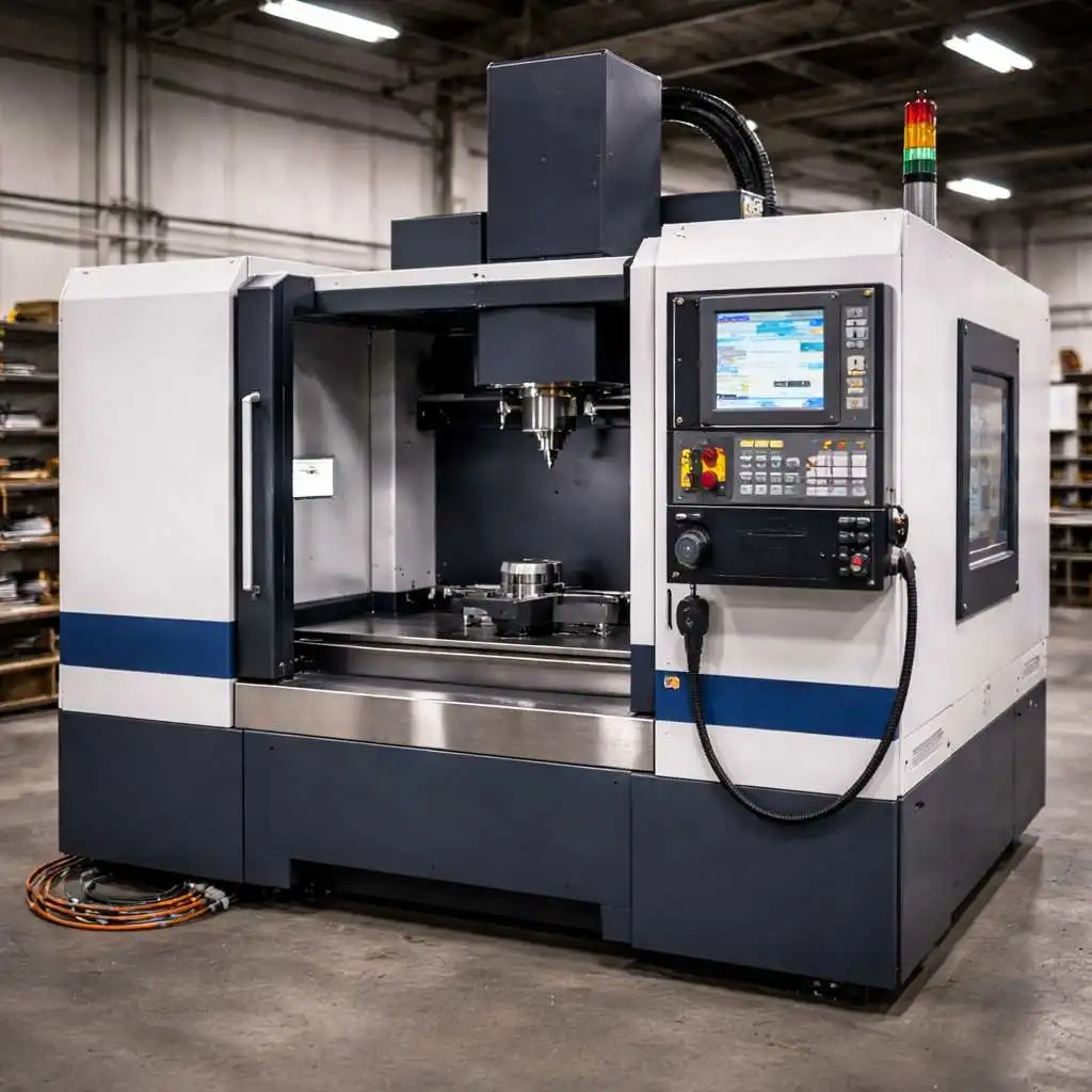 Full view of a vertical CNC machining center inside an industrial workshop, featuring enclosed cutting chamber, spindle assembly, precision worktable, digital control panel, and stack signal light in a modern manufacturing facility.