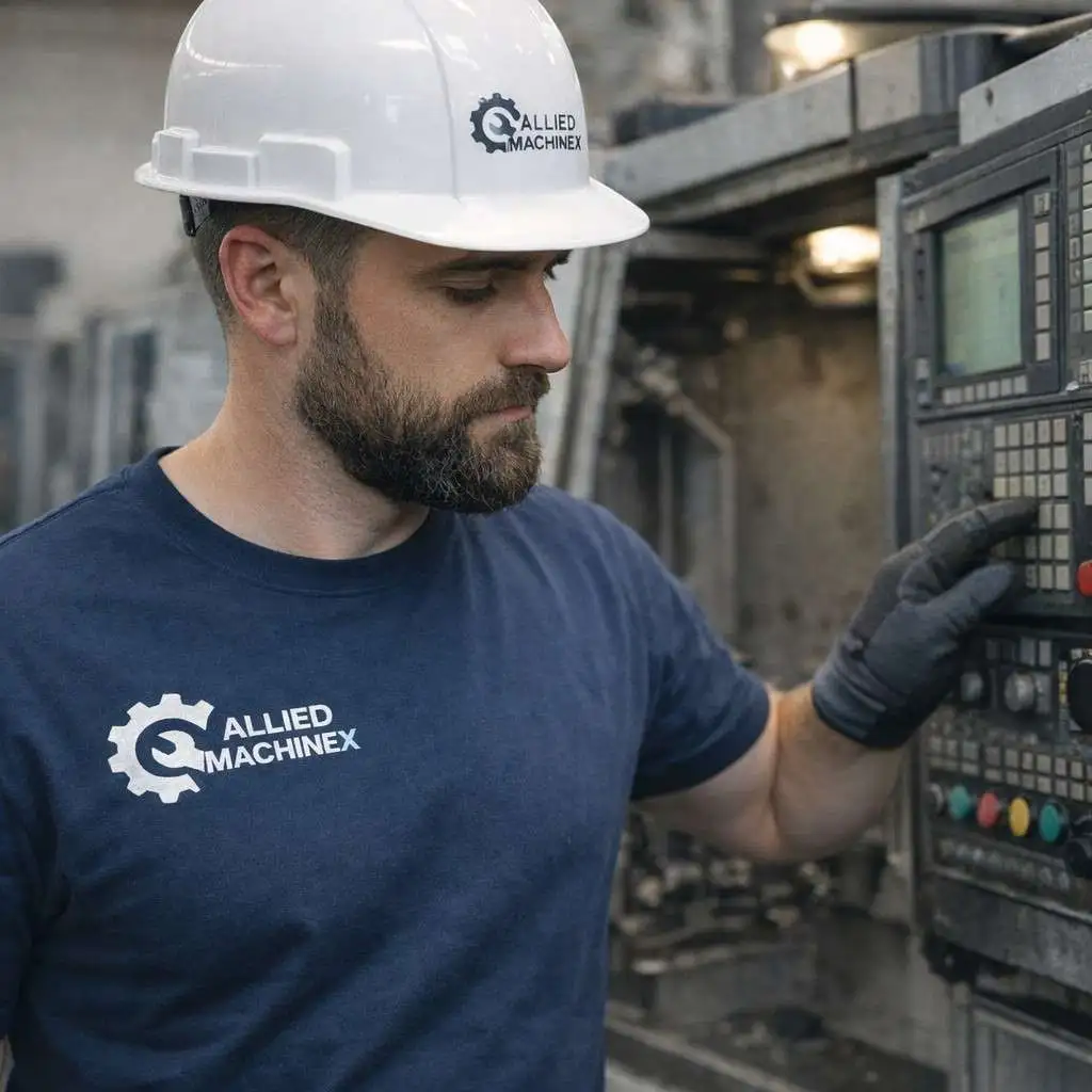 Bearded CNC machine repair technician wearing a navy blue Allied MachineX T-shirt with small white chest logo and white safety helmet logo, adjusting industrial CNC control panel inside a metal fabrication workshop with heavy machinery and industrial background.