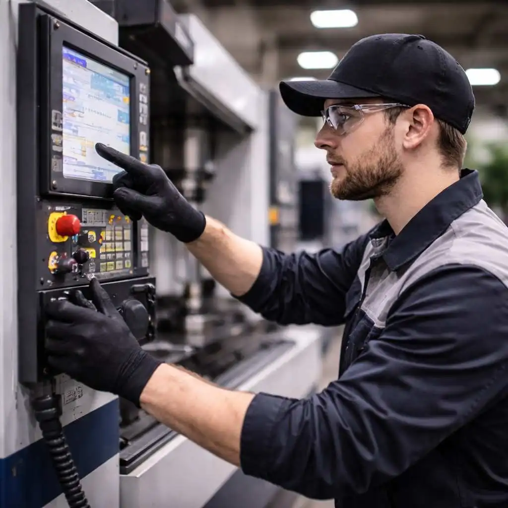 CNC machine technician testing and calibrating a vertical machining center using the digital control panel inside an industrial manufacturing workshop.