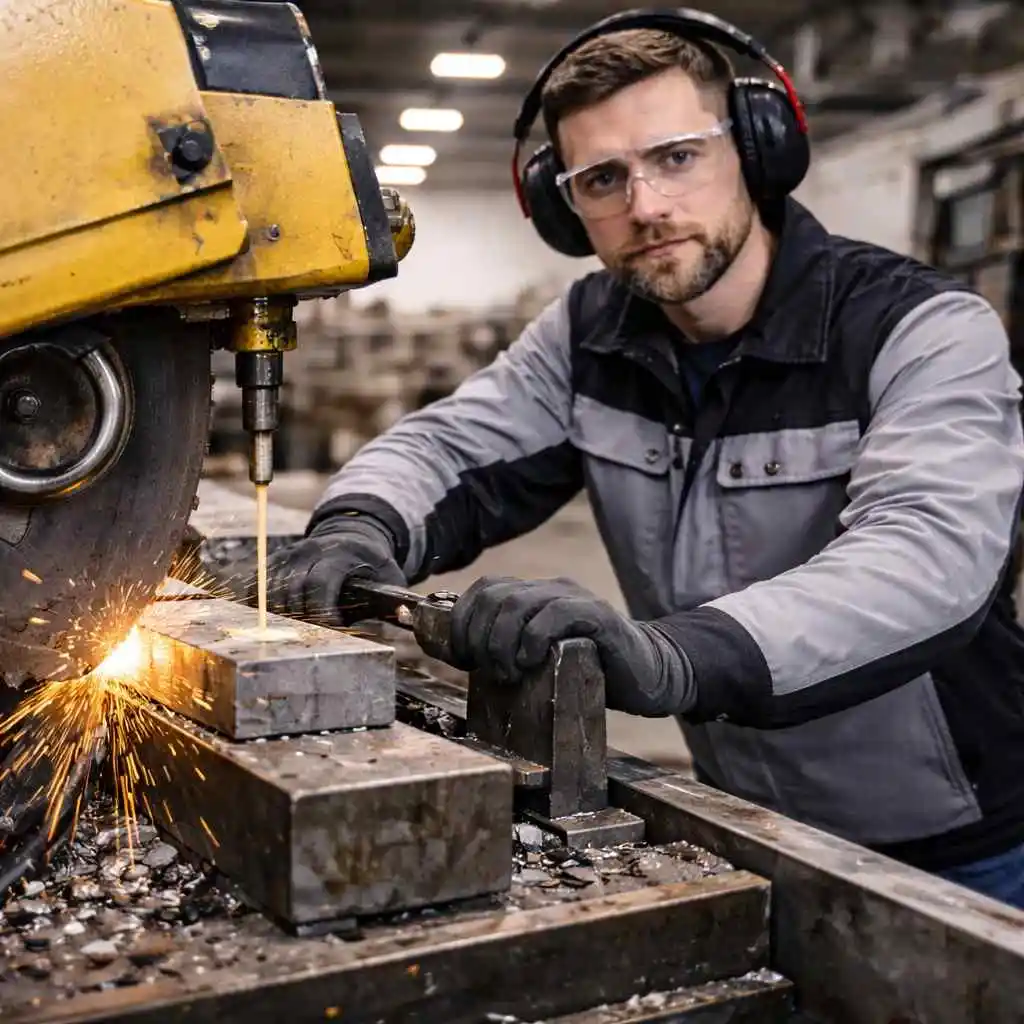 Industrial production sawing process with a large yellow metal cutting bandsaw slicing through a thick steel block while sparks fly, operated by a technician wearing safety glasses, ear protection, and protective gloves inside a manufacturing workshop.