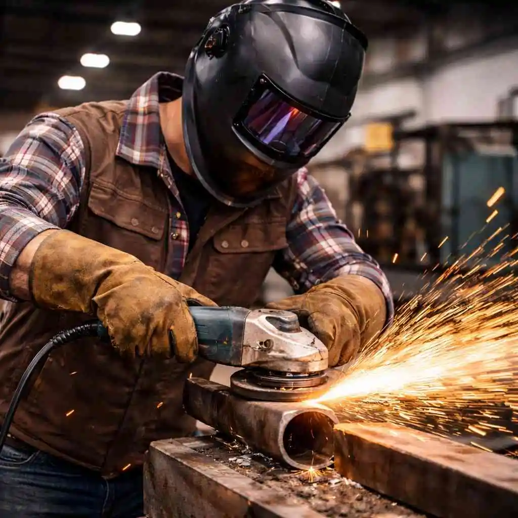 Industrial metalworker wearing a fully closed welding helmet, plaid shirt, brown work vest, and heavy protective gloves cutting a steel pipe with an angle grinder, producing bright sparks inside a fabrication workshop.