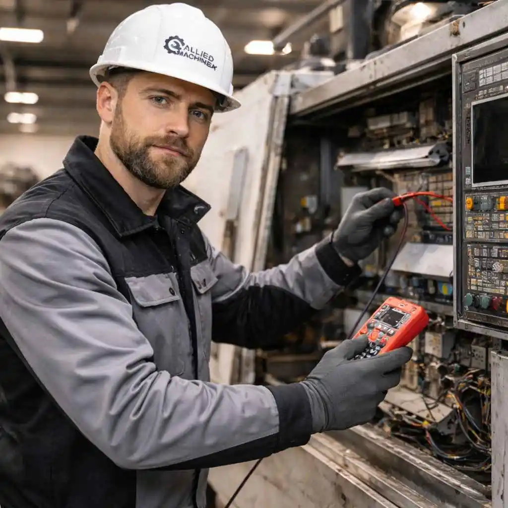 CNC machine repair technician using a digital multimeter to diagnose electrical components inside an open industrial CNC control panel in a modern manufacturing workshop, wearing protective gloves and safety helmet.