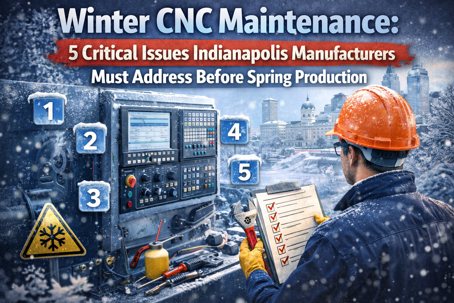 Winter CNC maintenance technician inspecting a snow-covered CNC control panel with a checklist, highlighting five critical issues Indianapolis manufacturers should address before spring production.