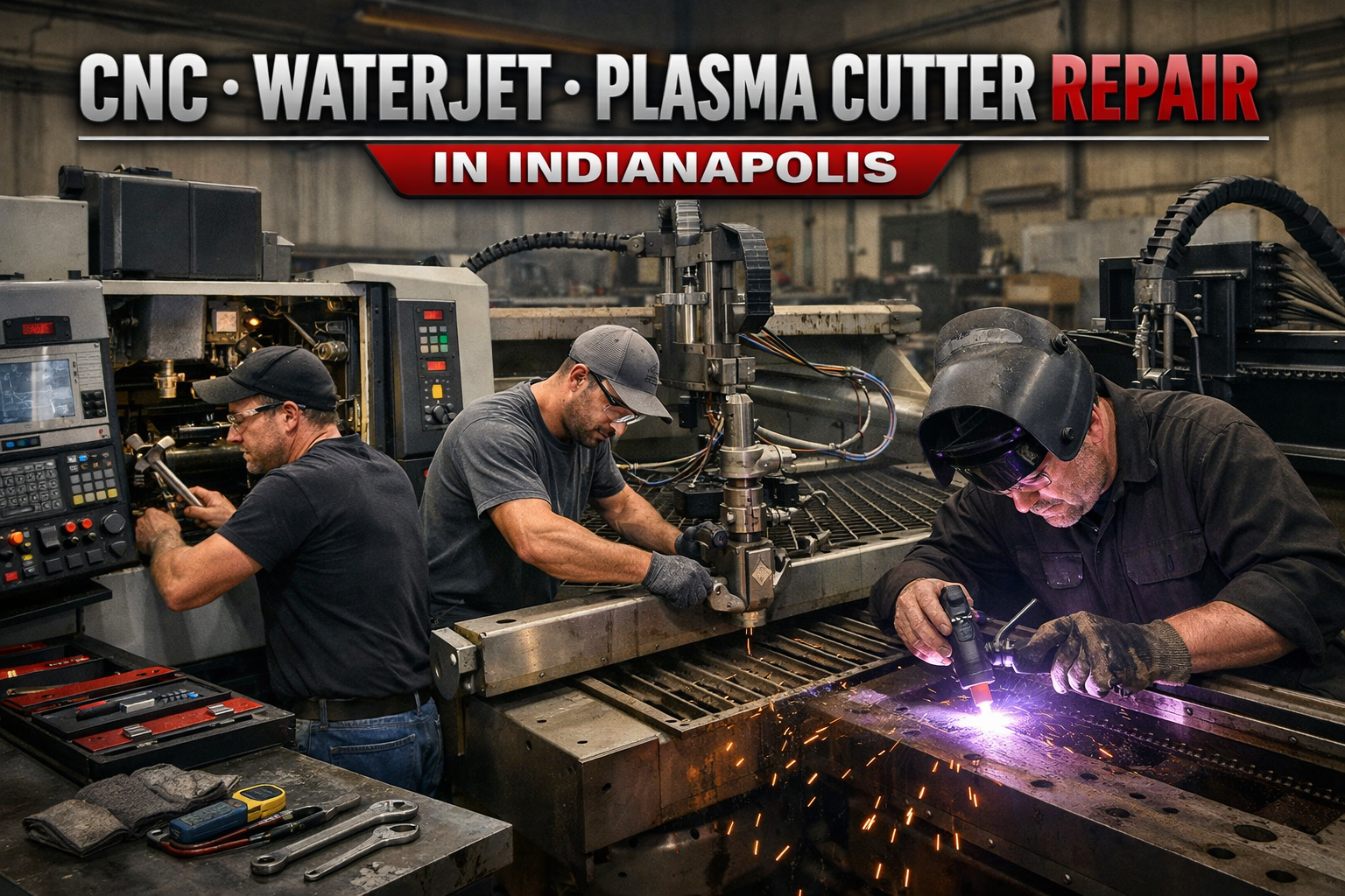 Technicians performing CNC, waterjet, and plasma cutter repair inside an industrial machine shop in Indianapolis.