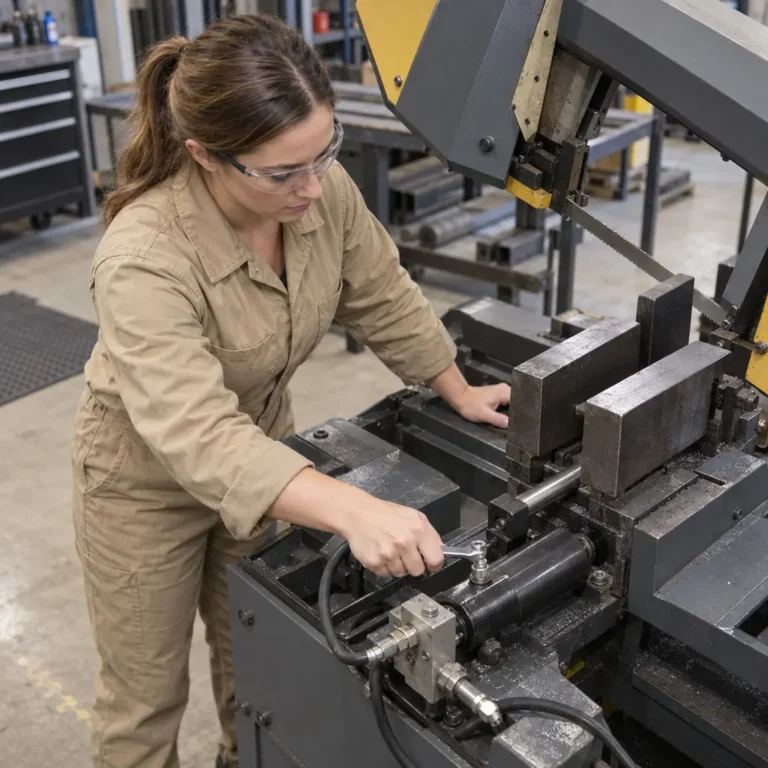 Technician using a wrench beside an industrial band saw clamping cylinder, representing service in Austin, MN