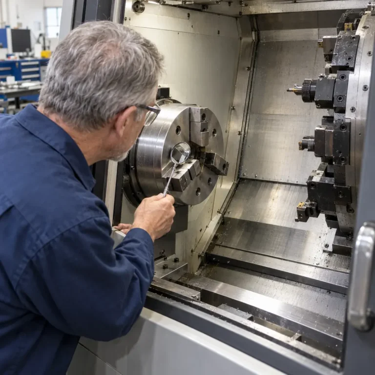 Inspection mirror held against a stationary CNC lathe chuck, representing service in St. Cloud, MN
