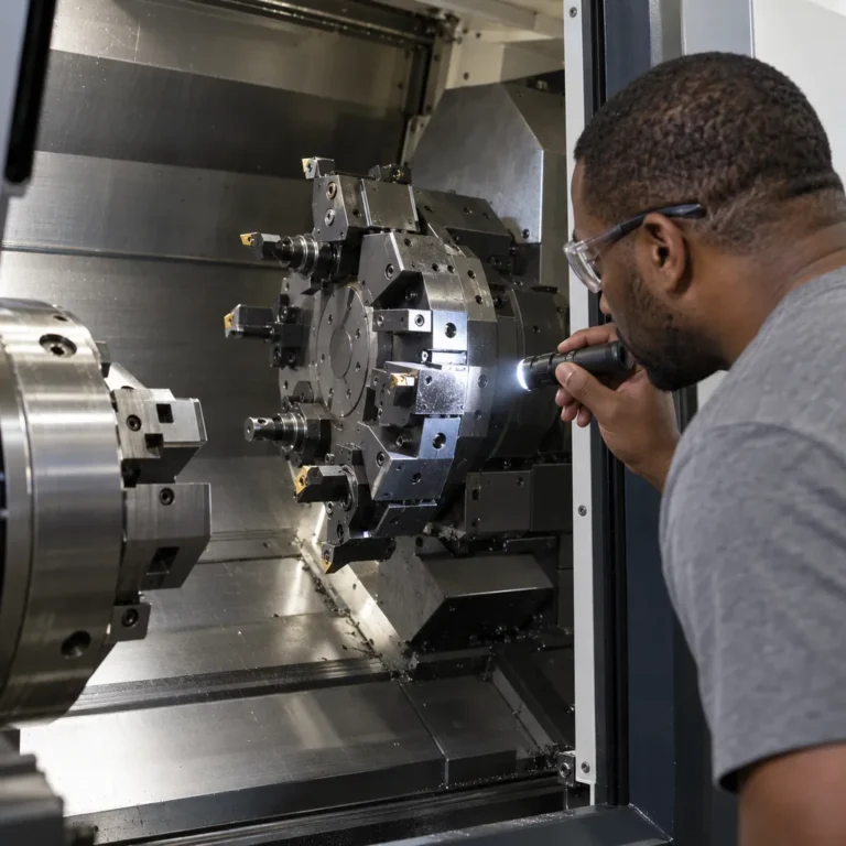 Illustration for Alexandria, MN: technician illuminating a CNC lathe turret and toolholders