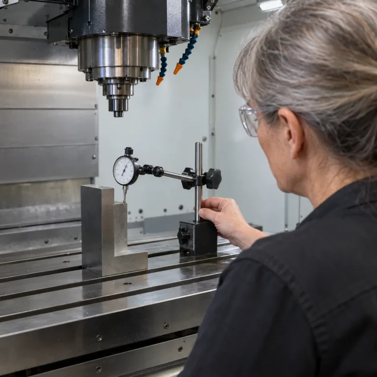 Technician reading a dial indicator beside a precision square on a CNC mill table, representing service in Alexandria, MN