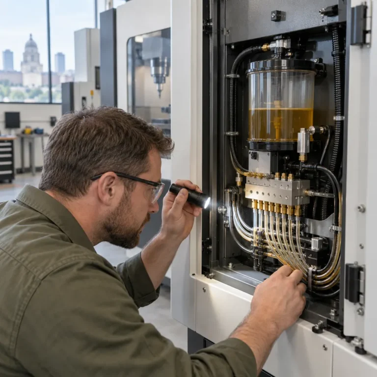 Technician examining a CNC mill lubrication reservoir and distribution lines, representing service in St. Paul, MN