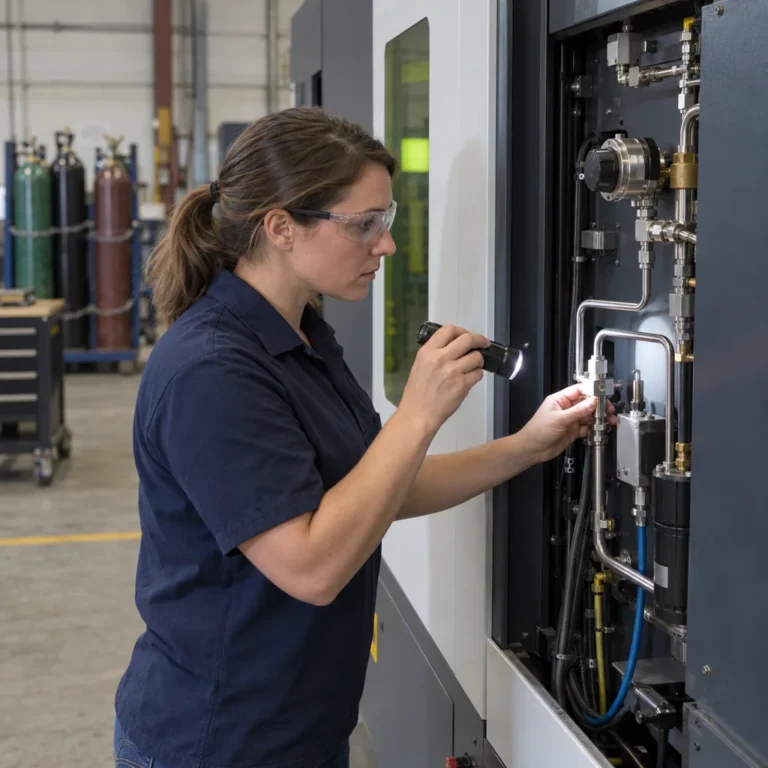 Technician checking tubing and fittings in a laser machine gas-system panel, representing service in Mason City, IA