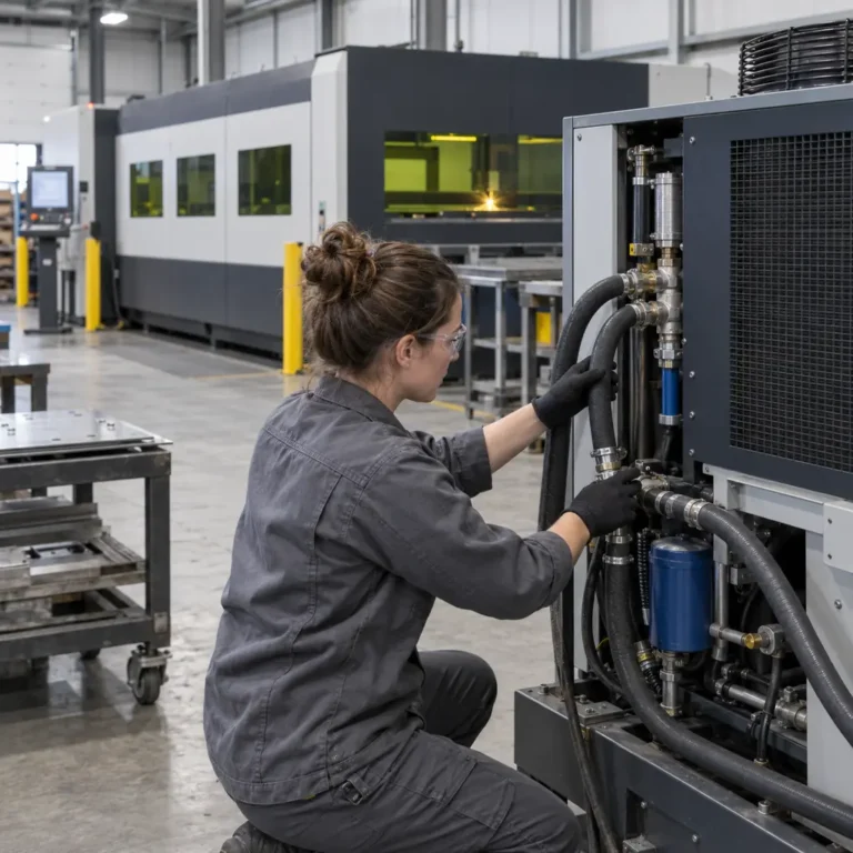 Illustration for St. Paul, MN: technician inspecting cooling hoses beside an enclosed laser cutting machine