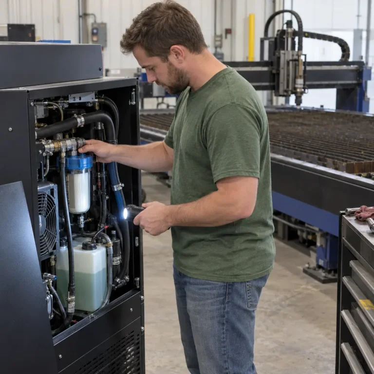 Technician inspecting a plasma cooling-unit filter and hose connections, representing service in Hudson, WI