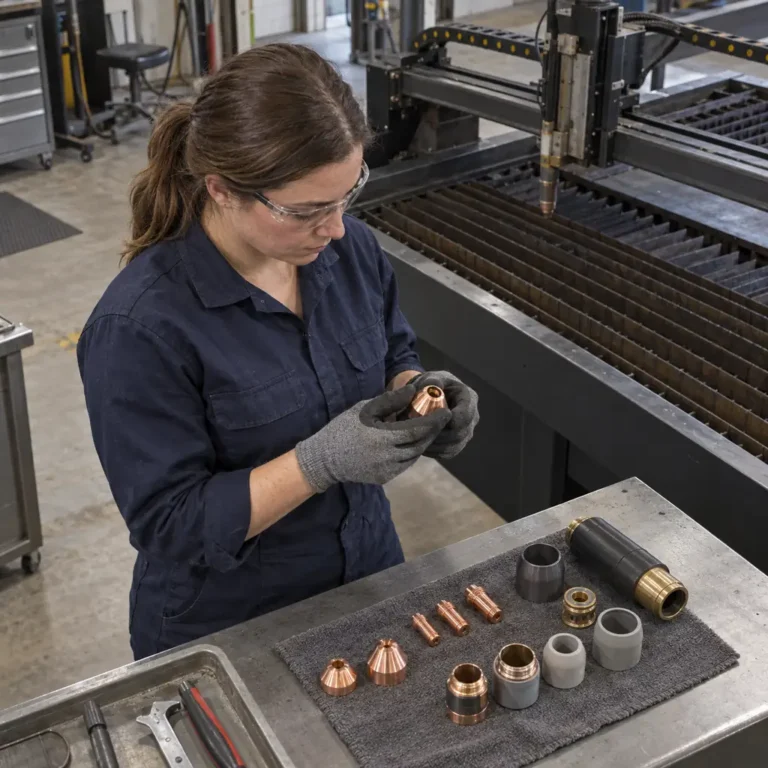 Technician examining a copper plasma torch component beside a cutting table, representing service in Mankato, MN