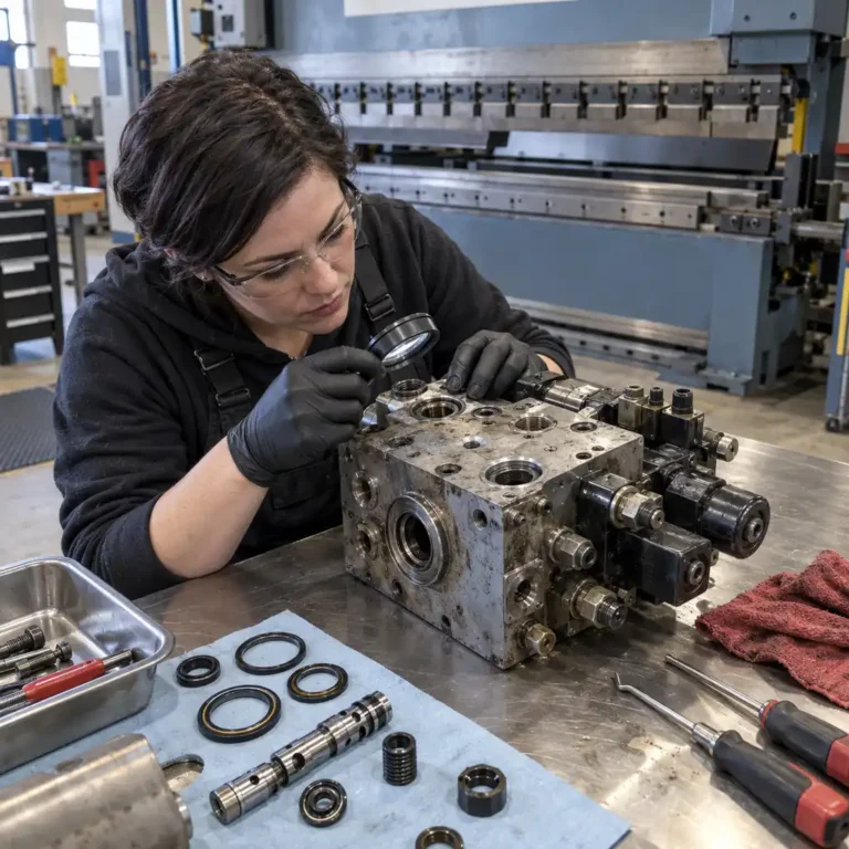 Technician examining a hydraulic valve block on a bench beside a press brake, representing service in Duluth, MN
