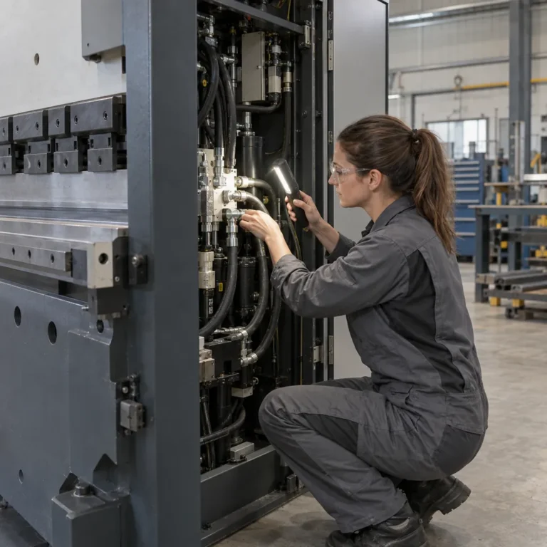 Illustration for St. Cloud, MN: technician checking hydraulic fittings beside a press brake