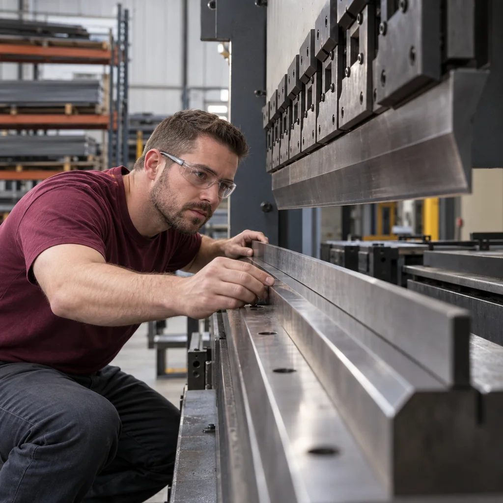 Illustration for Austin, MN: technician checking a press brake tooling surface with a straightedge