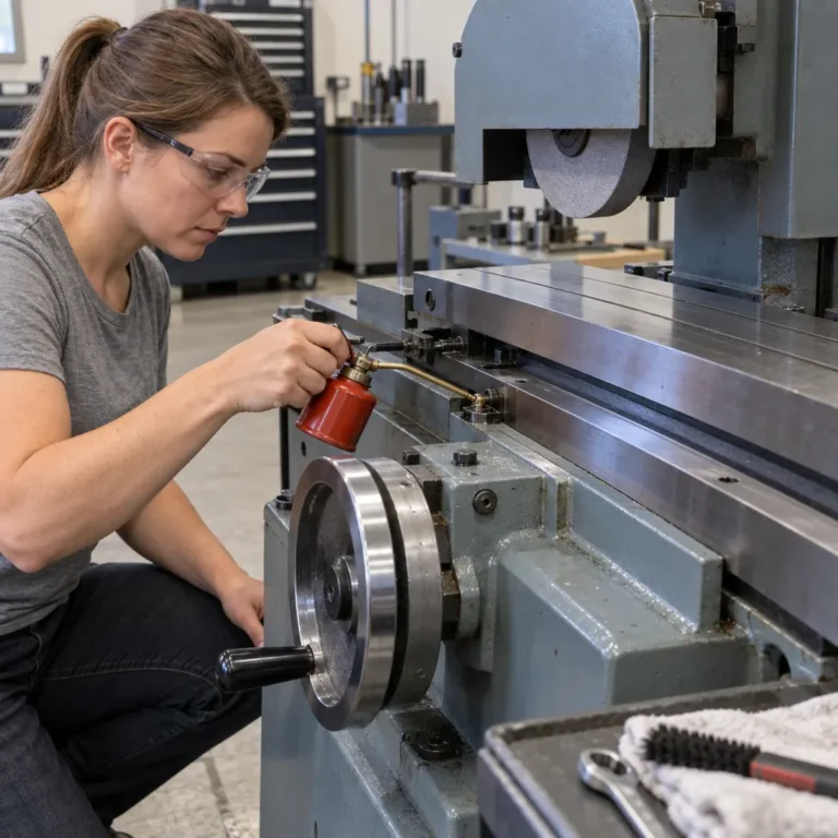 Illustration for Hudson, WI: technician using an oil can at a surface grinder table-slide lubrication point